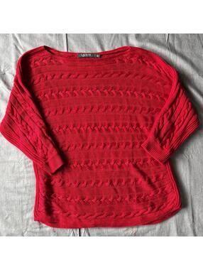 Lauren Ralph Lauren Sweater Women's L Cable Knit Boat Neck Pullover Red 3/4 Slv